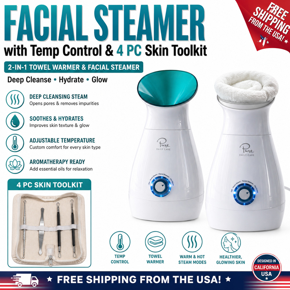 Facial Steamer with Temp Control and 4 PC Skin Toolkit